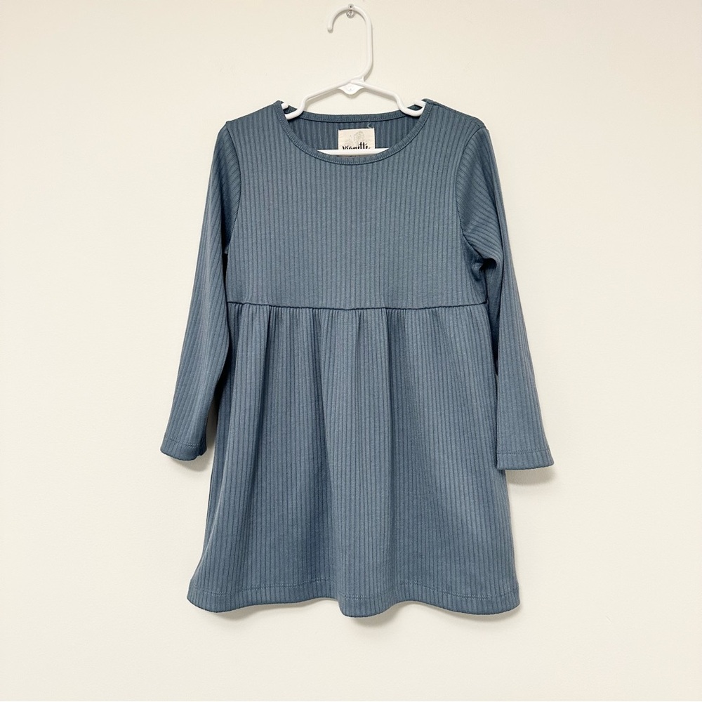 Vignette Girls 3T Madigan Dress in Blue with Wood Buttons and Micro-Stripe Rib
